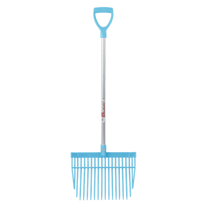 Blue garden rake with a D-shaped handle on a white background