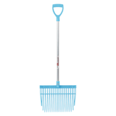 Blue garden rake with a D-shaped handle on a white background