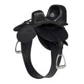 LeMieux AW26 Toy Rider Steady Saddle Variant Colour Black. a toy pony saddle in black with toy stirrups and girth on white background.