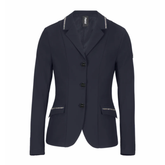 Navy blazer with white trim on a white background