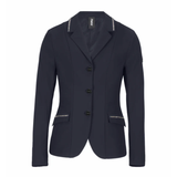 Navy blazer with white trim on a white background