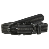 Pikeur Belt Selection Variant Black. A black leather belt with a textured woven pattern and a matte black metal buckle, shown coiled on a white background. The brand name 'PIKEUR' is embossed on the buckle keeper.