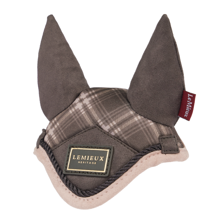 Mini brown fly ears with a plaid pattern, small LeMieux HERITAGE logo and a pink lining agaisnt a white background.