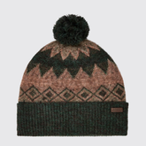 Dubarry Of Ireland Coolroe Bobble Hat Variant Olive Multi. A knit pom-pom beanie hat featuring a dark forest green and dusty rose geometric pattern, with a solid dark green ribbed cuff and a small brown leather brand patch.