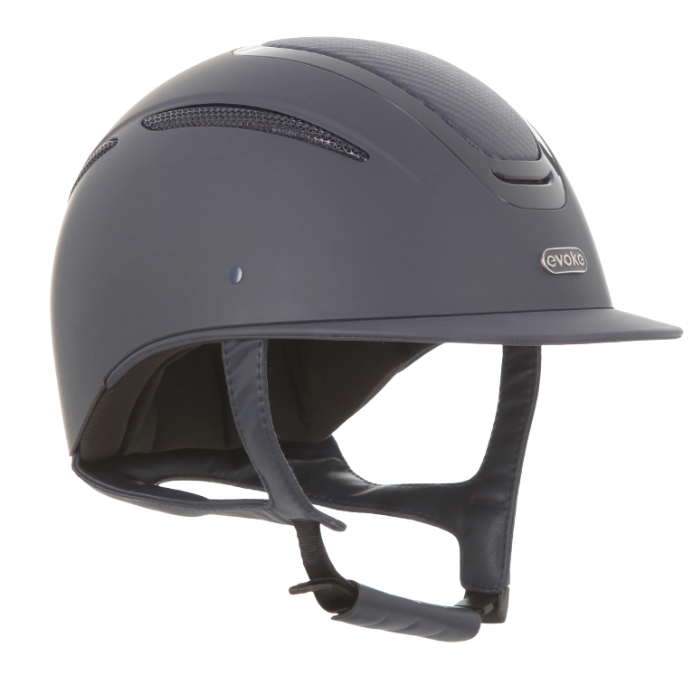 A matte Navy equestrian riding helmet with a visor, shown from a three-quarters angle against a solid white background. The brand logo 'evok' is visible on the side. Evoke Elara Riding Hat Varient Navy Carbon