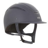 A matte Navy equestrian riding helmet with a visor, shown from a three-quarters angle against a solid white background. The brand logo 'evok' is visible on the side. Evoke Elara Riding Hat Varient Navy Carbon