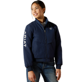 Ariat Youth 2.0 Insulated Stable Jacket Varient Navy. Girl wearing navy jacket with Ariat branding down the sleeve on a white background.