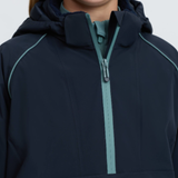 LeMieux AW26 Young Rider Bailey Waterproof Anorak Varient Navy. Close-up of a dark navy hooded jacket with a front zipper, featuring a contrasting light teal zipper and piping details.
