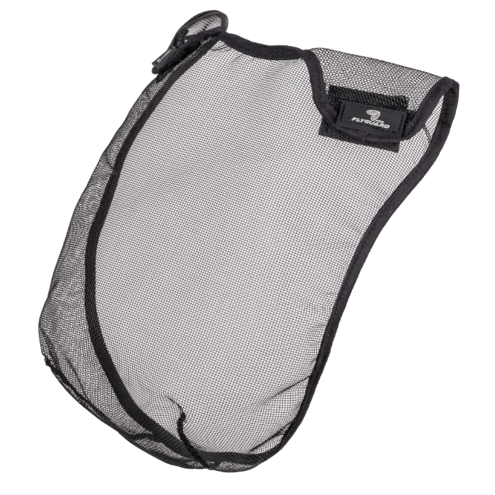 Black mesh pouch with a brand label on a white background