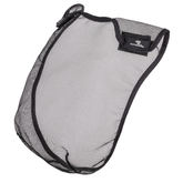 Black mesh pouch with a brand label on a white background
