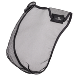 Black mesh pouch with a brand label on a white background