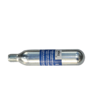 Metallic CO2 cartridge with blue label on a white background