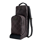 A dark brown and black plaid backpack shown from a three-quarter angle on a solid white background. The brand name 'LeMieux' is visible on a gold plaque on the front pocket.