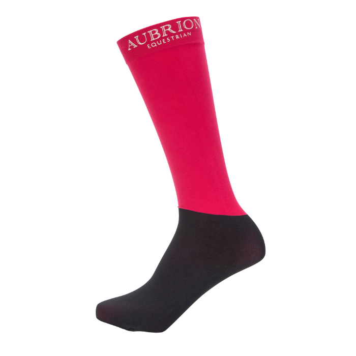 Red and black equestrian sock with 'Aubrion Equestrian' branding on a white background
