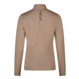 Pikeur AW26 Athleisure Zip Shirt Variant Mocca Cream. A long-sleeve quarter-zip athletic top shown from the back, in a solid tan color with the brand name 'PIKEUR' printed vertically in black near the upper back collar.