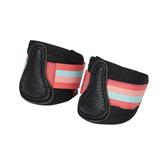 Toy equine boots in black and coral on white background