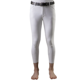 White riding pants with a black belt on a white background