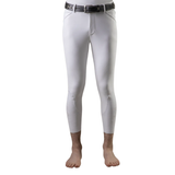 White riding pants with a black belt on a white background