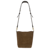 Holland Cooper Country Crossbody Bag Variant Colour Linchen Suede.
A brown suede shoulder bag with a dark brown adjustable leather strap and gold-tone hardware, shown against a plain white background.