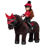 LeMieux AW26 Toy Rider Steady Saddle Variant Colour Black. A toy pony with toy doll rider wearing saddle in black with toy stirrups and girth, equestrain costume in red on white background.