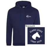 Navy hoodie with white logo and text on a white background