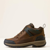 Ariat Men's Terrain Trek H20 Variant Dark Chocolate. Side of short brown hiking boot with a Ariat logo shown on a beige background.