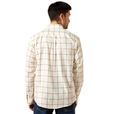 Ariat Men's Clement Long Sleeve Shirt Varient Antique White Plaid. White Plaid shirt from the back on a white background.