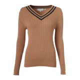 Holland Cooper Zoe Knit Jumper Variant Dark Camel. Dark Camel jumper with gold button detailing against a White background.