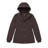 Holland Cooper Essential Waterproof Jacket variant Bournville. A dark brown hooded parka jacket with brass-tone snap buttons and a drawstring waist, shown flat against a white background. The brand label inside the collar reads Barbour.