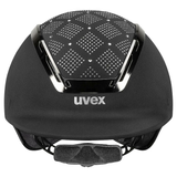 Front of black riding hat with jewels 'Uvex' on white background