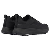 Lemieux Men's Kanta Waterproof Trainers Variant Black. Back of two Black trainers with the word 'waterproof' printed on a white background.