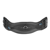 Black equestrian girth strap with brand logos on a white background