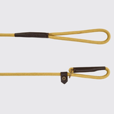 A close-up of a yellow braided rope with dark brown leather looped end caps and a small metal snap detail, shown on a light grey background.