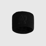 Black knit beanie with a logo on a light grey background