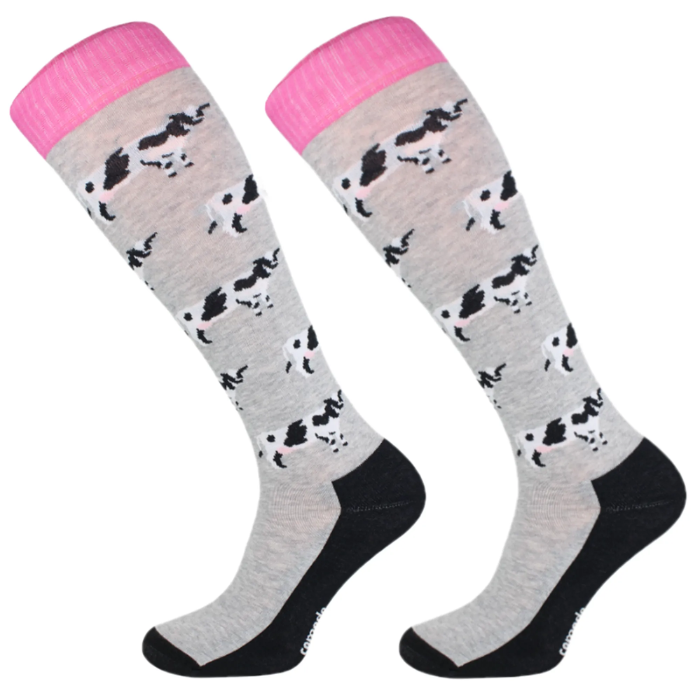 Grey socks with pink top and cow pictures on white background