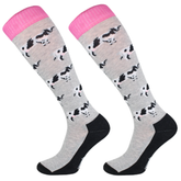 Grey socks with pink top and cow pictures on white background