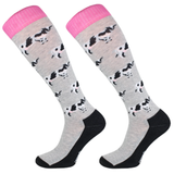 Grey socks with pink top and cow pictures on white background