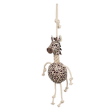 Giraffe-shaped toy hanging from a rope on a white background