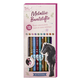 Pack of metallic colored pencils with a horse illustration on a white background