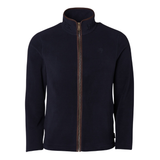 Holland Cooper Country Fleece Jacket (Men's) Variant Navy. Navy long sleeve fleece with brown leather trim detailing on a white background.