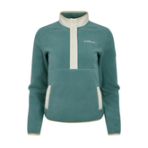 LeMieux AW26 Piper Popper Fleece Varient Aloe. A teal fleece pullover jacket with cream-colored trim on the stand-up collar, button placket, and side pockets, featuring the 'LeMieux' brand name embroidered on the left chest.