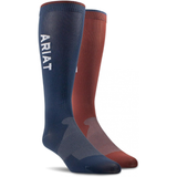 Two pairs of knee-high socks, one blue and one red, with 'Ariat' branding on a white background.