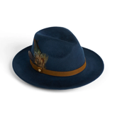 Navy blue fedora hat with a brown band and feather detail on a white background