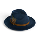 Navy blue fedora hat with a brown band and feather detail on a white background
