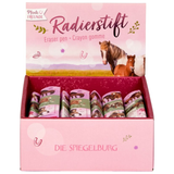 Pink box of rubbers with horse design on a white background.