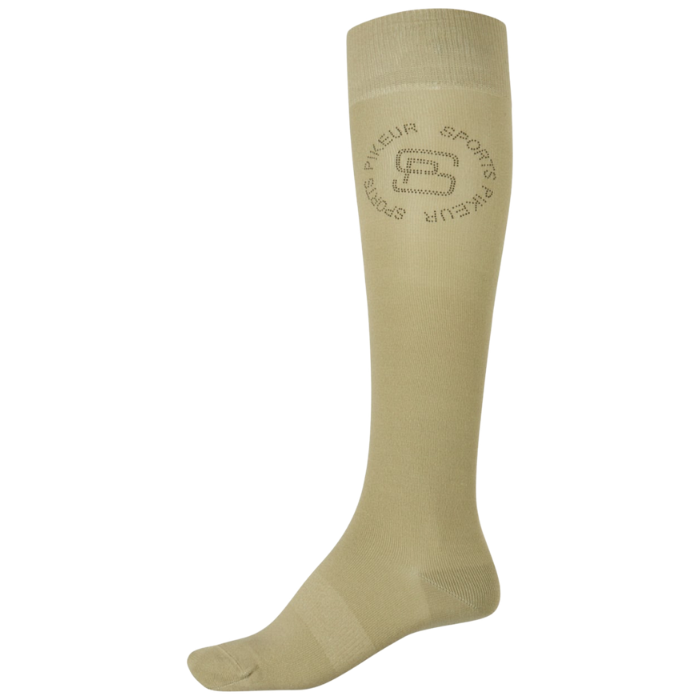 Beige knee-high sock with branding on a white background