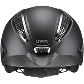 Matt black riding hat with chrome vents on white background 'Uvex'