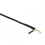 Brown braided leather dog leash with gold clasp on a white background