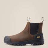 Brown leather boot with black sole on a beige background