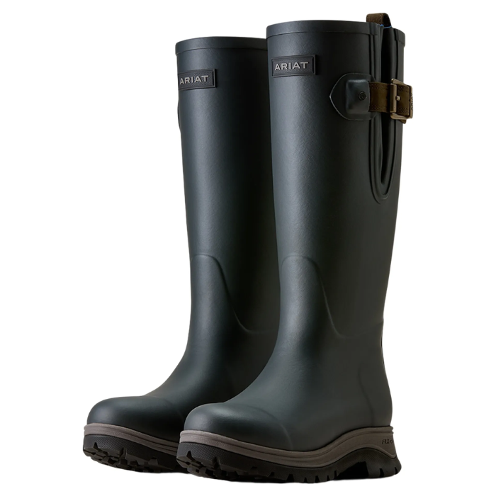 Ariat Ladies Woodstock Insulated Wellies Variant Navy. A pair of tall Navy Ariat rubber rain boots with brown soles and a brown buckle detail on the side, shown against a plain white background.
